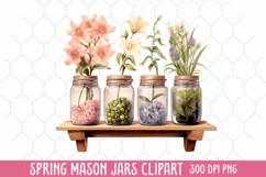 Flower Mason Jar Clipart, Watercolor Mason Jar Sublimation Product Image 1