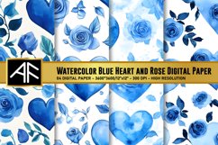 Watercolor Blue Heart and Rose Digital Paper Product Image 1