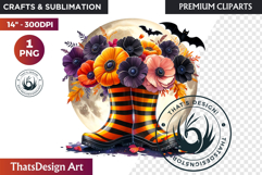 Halloween Floral Rain Boots - Cute Witchy Garden Clipart PNG Product Image 1