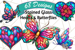 Stained Glass Hearts and Butterflies Clipart PNG Product Image 1