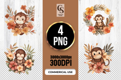 Cute Watercolor Baby Monkey Floral Clipart Sublimation PNG Product Image 1