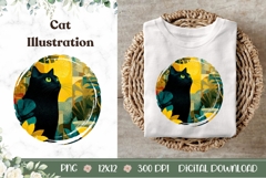 Black Cat Illustration, Cartoon Cat PNG, Floral Illustration Product Image 1