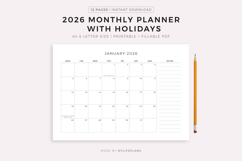 2026 Monthly Planner with Holidays, Landscape, Printable Product Image 1
