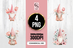Pink Tulip Gnome Watercolor Clipart Sublimation PNG Product Image 1