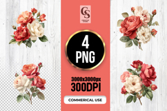 Watercolor Red and White Rose Bouquet Clipart PNG Product Image 1