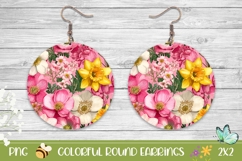 Pink Round Earrings, Colorful Flowers Earrings Print Product Image 1
