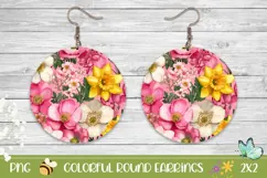Pink Round Earrings, Colorful Flowers Earrings Print Product Image 1