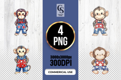 Cute Monkey Patriotic Overalls Watercolor Clipart PNG Product Image 1