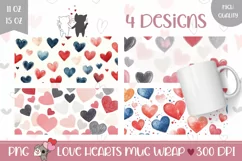 Cartoon Hearts Mug Designs, Watercolor Hearts Mug Template Product Image 1