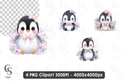 Cute Baby Penguin with Pink Bow Floral Winter Clipart PNG Product Image 1