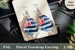 Floral Teardrop Earrings PNG, Blue Stripes Earrings Template Product Image 1