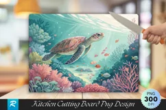 Sea Turtle in Vibrant Coral Reef Cutting Board PNG Design Product Image 1