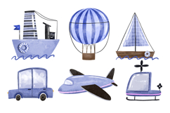 Blue Transport Set. Ship, Plane, Boat, Helicopter, Car, Product Image 1