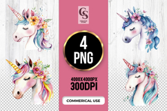 Watercolor Floral Unicorn Clipart Sublimation PNG Product Image 1