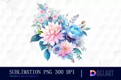 Watercolor Blue and Pink Floral Clipart, Sublimation Art Product Image 1