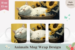 Cat Mug Design, Sunflowers Mug Wrap, Cute Mug PNG Product Image 1