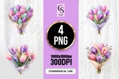 Watercolor Wrapped Tulip Bouquet Clipart Sublimation PNG Product Image 1