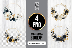White Black Gold Floral Wreath Clipart Sublimation PNG Product Image 1