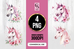Pink Floral Unicorn Clipart Sublimation PNG Product Image 1