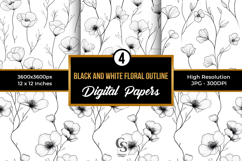 Black &amp; White Floral Outline Digital Paper Product Image 1