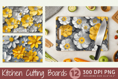 Grey &amp; Yellow 3D Flowers Cutting Boards sublimation Design Product Image 1