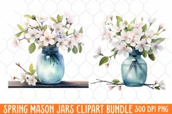 Flower Mason Jar Clipart, Watercolor Mason Jar Sublimation Product Image 1