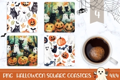 Watercolor Halloween Ghost Square Coasters, Black Cat Print Product Image 1