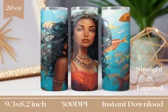 Black Hair Mermaid Sublimation Design, Cartoon Tumbler Wrap Product Image 1