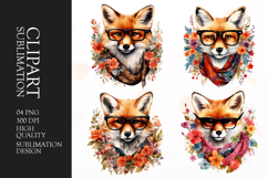 Watercolor floral fox clipart sublimation png Product Image 1
