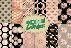 Rose Gold Bee and Floral Digital Paper Product Image 1