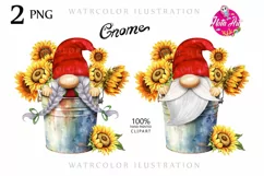 Watercolor Gnome Holding Sunflowers in Bucket Illustration Product Image 1
