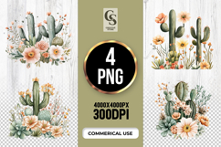 Watercolor Cactus Flower Arrangement Clipart Sublimation PNG Product Image 1
