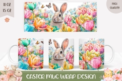 Cartoon Easter Bunny Mug, Watercolor Tulips Mug Design Product Image 1
