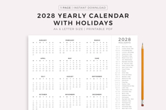 2028 Year Calendar with Holidays, Landscape, Printable Product Image 1