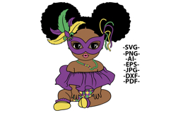 Mardi Gras Baby Girl SVG Afro Toddler Mask Beads Clipart Product Image 1