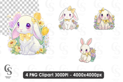 Cute Bunny with Flowers Yellow Bow Easter Spring Clipart PNG Product Image 1