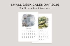 2026 nature desk calendar printable in 10x15 cm size with landscape background, monthly calendar grid layout for desktop organization and home decor.