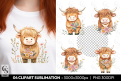 Highland Cow With Wildflower Bouquet Clipart PNG Product Image 1
