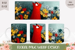 Cartoon Red Cat Mug Wrap, Floral Mug Template, Coffee Mug Product Image 1