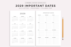 2029 Calendar and Important Dates Page, Printable &amp; Fillable Product Image 1