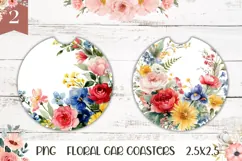 Floral Wreath Car Coaster, Watercolor Flowers Coasters PNG Product Image 1