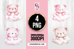 Pink Teddy Bear on Cloud Clipart Sublimation PNG Product Image 1