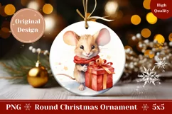 Christmas Ornament PNG, Watercolor Christmas Mouse Gift Tag Product Image 1