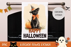 Happy Halloween Kitchen Towel, Black Cat Towel Design Product Image 1