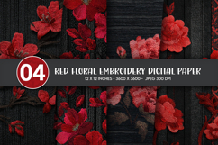 Red Floral Embroidery Digital Paper Product Image 1