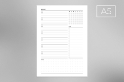 A5 undated weekly planner on one page with clean minimalist layout, spacious sections for tasks, notes and schedule for bullet journal and productivity planning.