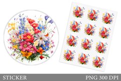 Wildflowers Sticker Template. Flowers Round Sticker Design Product Image 1