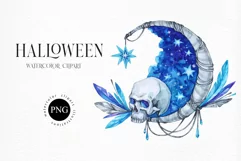 Skull with moon month & stars. Watercolor mystic PNG clipart Product Image 1