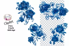 Embroidery, Flowers, Lace, Elements, Clipart, Blue, PNG Product Image 1