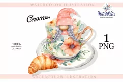 Watercolor gnome in a mug of tea with cookies, Gnome PNG Product Image 1